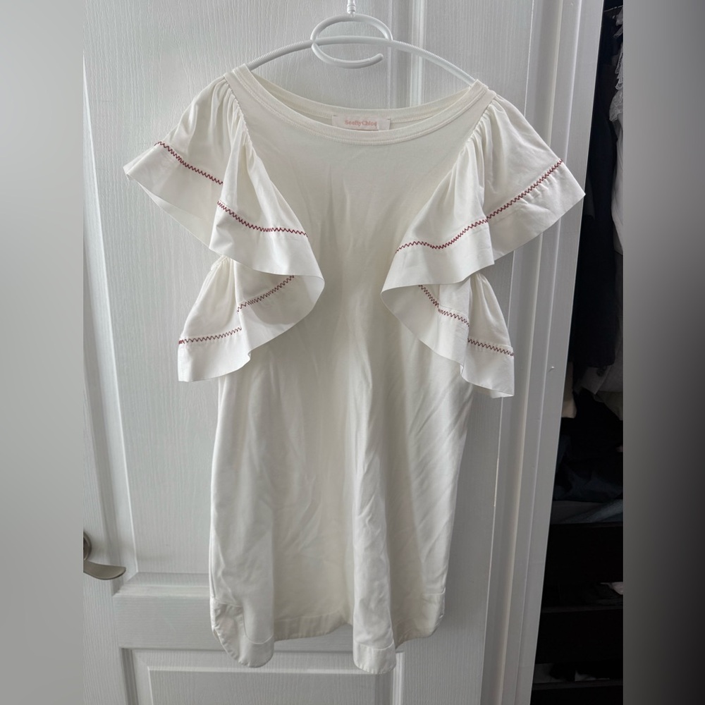 See By Chloé White Ruffle Sleeve Top with Red Stitching